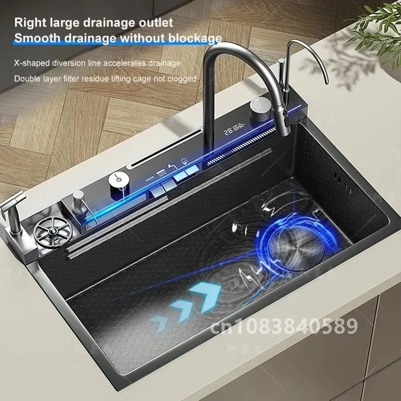 New Stainless Steel Kitchen Sink Embossed Large Single Slot With Waterfall Faucet Multifunctional Washbasin Above Counter