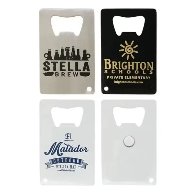 Customized Logo Mini Portable Stainless Steel Metal Sheet Business Credit Card Bar Open Tools Beer Bottle Metal Key Chains