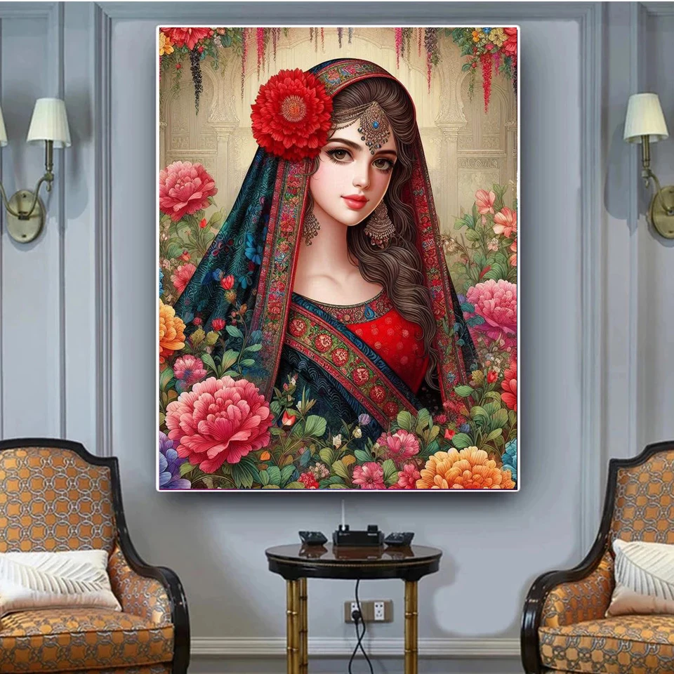 5D Diamond Painting India Woman Flowers Cross Stitch Diamond Embroidery Portrait Mosaic Picture of Rhinestones Home Decoration