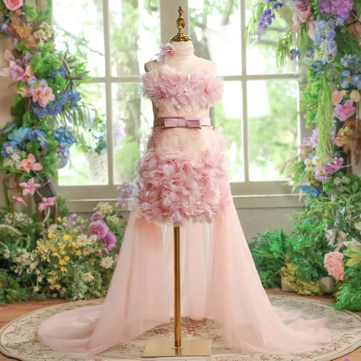 

Jill Wish J587 Luxury Pink Floral Flower Girl Dress Tulle with Train Princess Kids Wedding Birthday Pageant Party Evening Gown