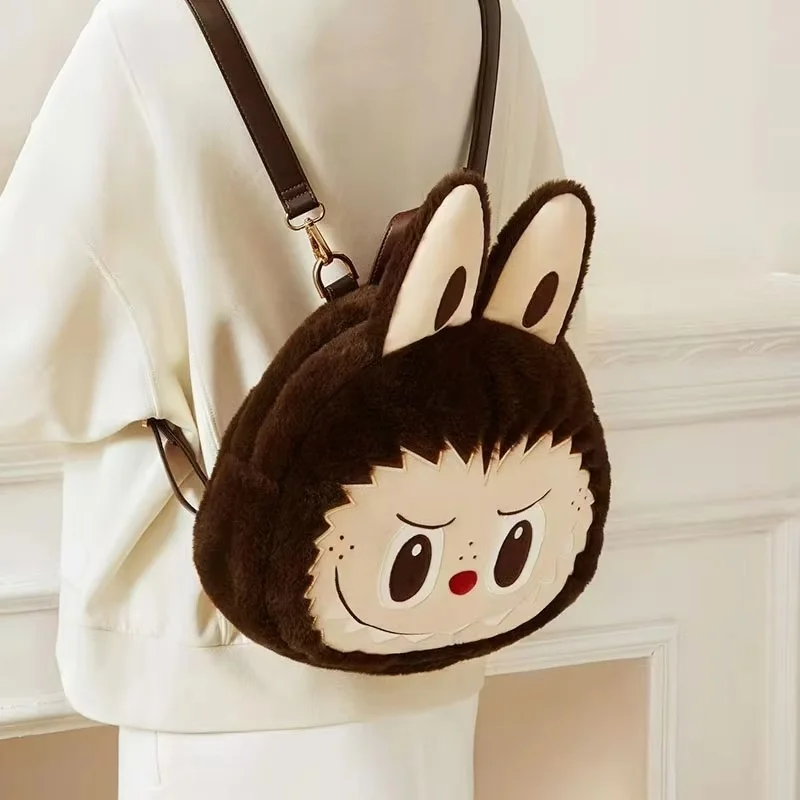 Genuine Labubu Large Capacity Lamb Wool Backpack Fashion Flip Bag Labubu Anime Figure Cute Plush Tote Bag Girl'S Birthday Gift