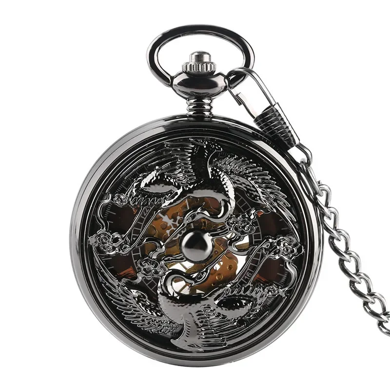 Steampunk Black Hollow Double Crane Unisex Handwinding Mechanical Pocket Watch Roman Numerals Display Pendant Chain Clock Gift