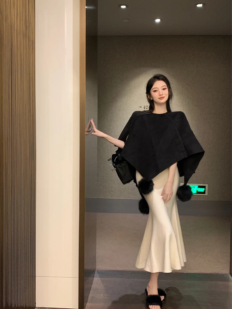 

plus Size Women's Autumn Winter Knitted Long Fi Tail Skirt Set with awl Cardigan Outerwear High Waist Commute Sle Faion