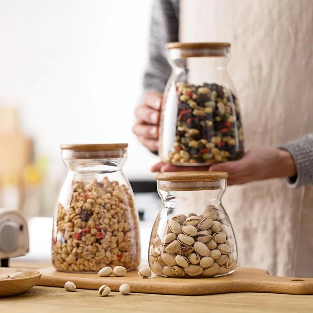 Candy Jar For Tea Leaf Nut Spices Glass Bamboo Cover Container Glass Jars With Lids Cookie Jar Kitchen Jars And Lids Wholesale