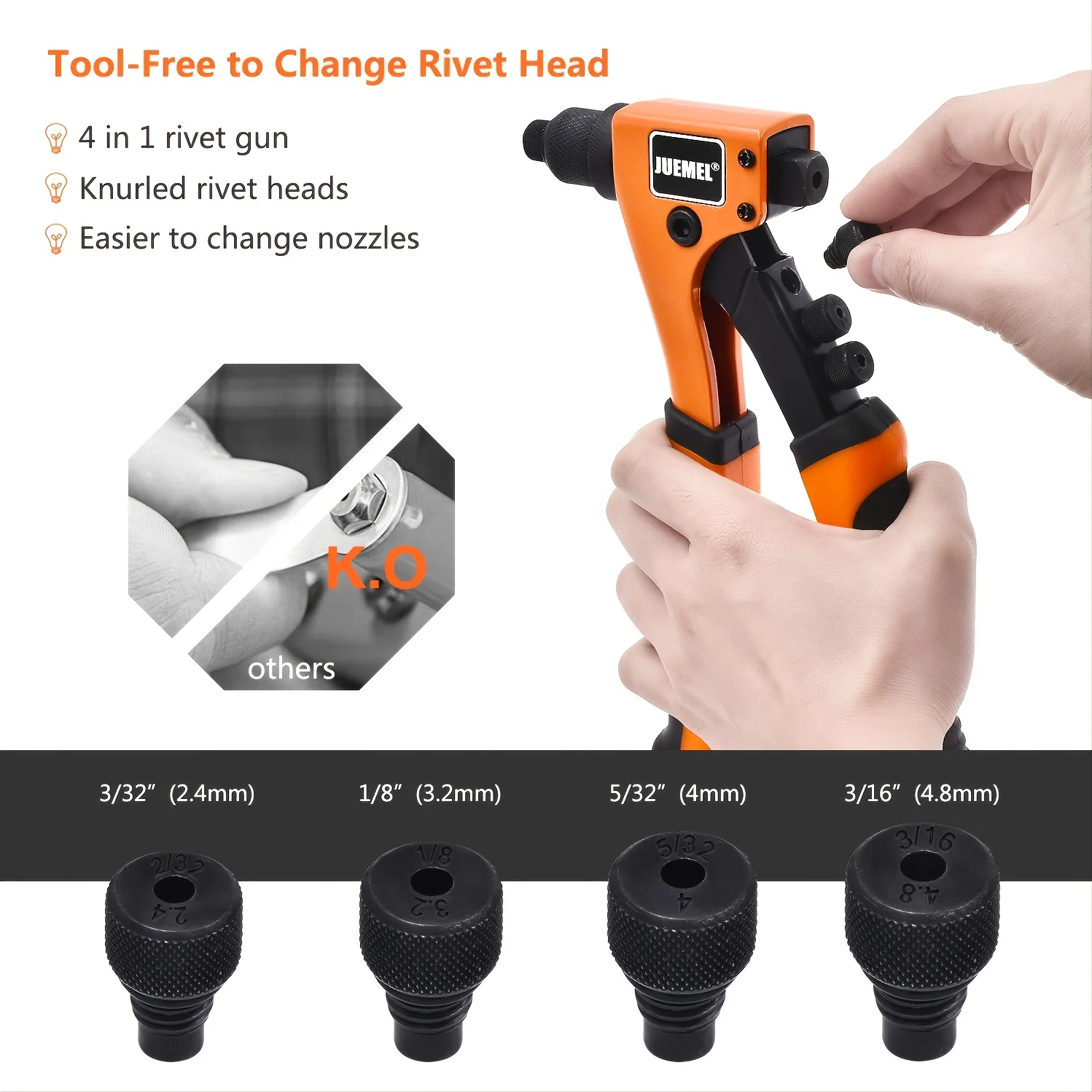 Heavy Duty Single Hand Manual Rivet Gun Kit with 4 changeable Rivet Heads and 80Pcs Rivets