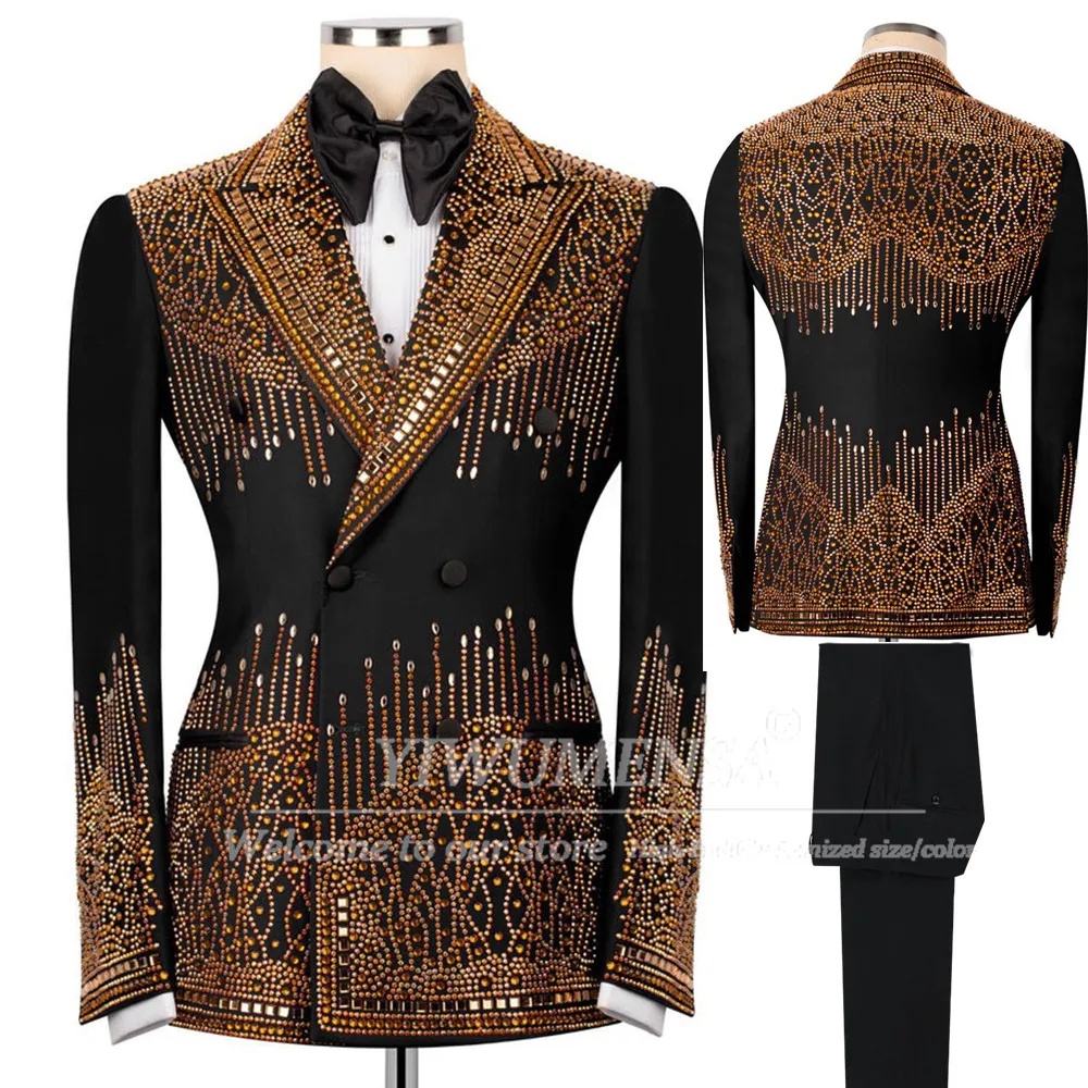 

Rhinestones Beaded Suit Men 2 Piece Set Double Breasted Jacket Pants Groom Wedding Tuxedos Customized Banquet Man Tuxedos Outfit