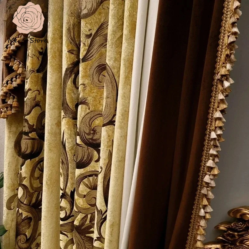 

Luxury French Rococo Silk Velvet Curtains for Living Room Bedroom Villa Imported European High End Custom Drapes Tulle Valance