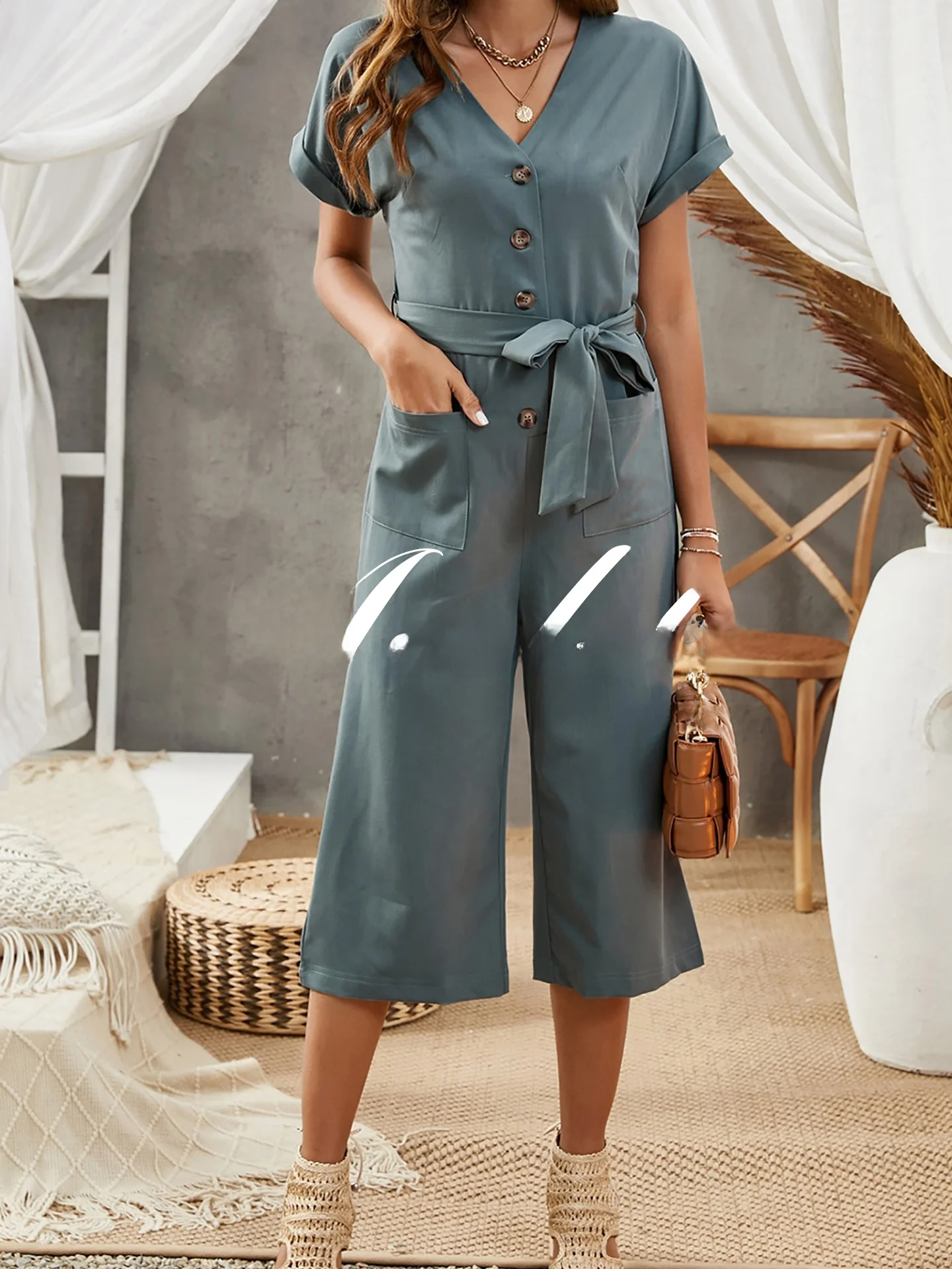 

Acelitt, повседневный универсальный комбинезон ort Sve, женский летний комбинезон 2022, новый однотонный комбинезон с прямыми штанинами и высокой талией, девять брюк