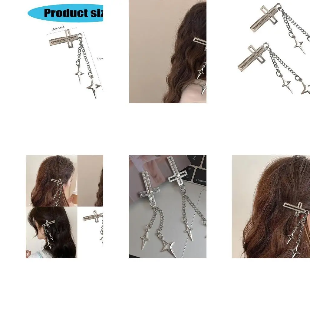 

652F Alloy Hair Clip Silver Balletcore Crosses Star Tassels Flat Clip Halloween Hairpin Silver Elegant Hair Clip for Bunches