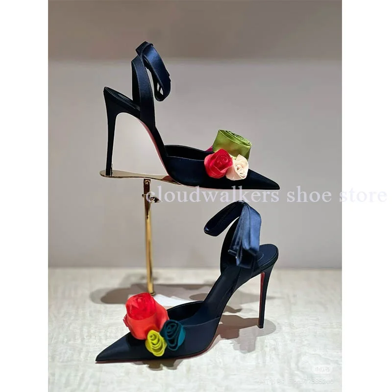 

Fashion Colorful Floral Patchwork Decor Pumps Sexy Pointed Toe Stiletto Dark Blue Satin Sandal Elegant Ankle Ribbon Strap Sandal