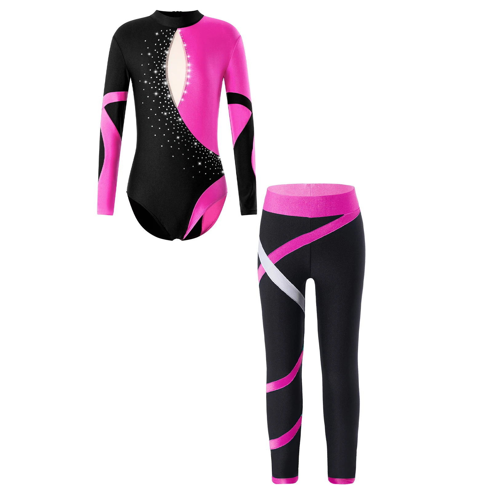 Kids Girls Ballet Dance Outfit Long Sleeve Shiny Rhinestones Patchwork Gymnastics Leotard Skating Leggings Childs Dancewear Sets