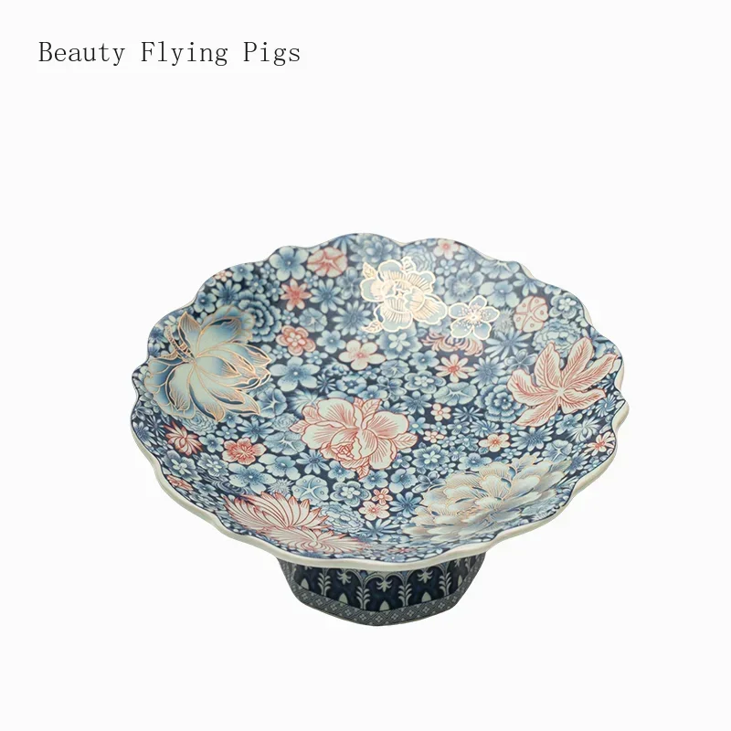 1PCS Ceramic Enamel High Foot Plate Creative Chinese Retro Palace Style Offering Tribute Plate Feng Shui Ornament