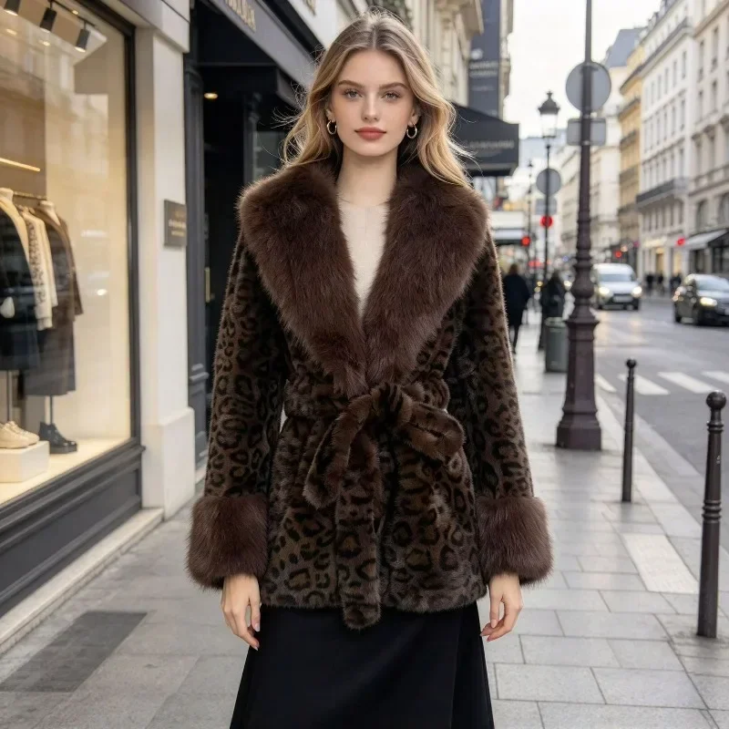 Fashion Warm Women Clothing. Winter Coat .Faux Fur Coat Women Lace-up Waist Slimming High-end Short Jacket Large Lapel Fur Coat.