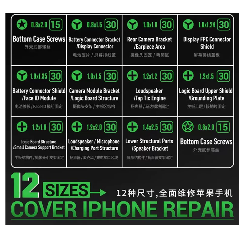 Suitable for Apple phone cross triangle five-star 12 types of screws, rust proof and non slip tooth repair screw kit