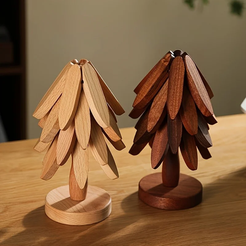 Detachable Wooden Tree Shape Coaster Set Multi-Layer Leaves Heat Resistant Tabletop Protector Decorative Wood Cup Mat for Drinks