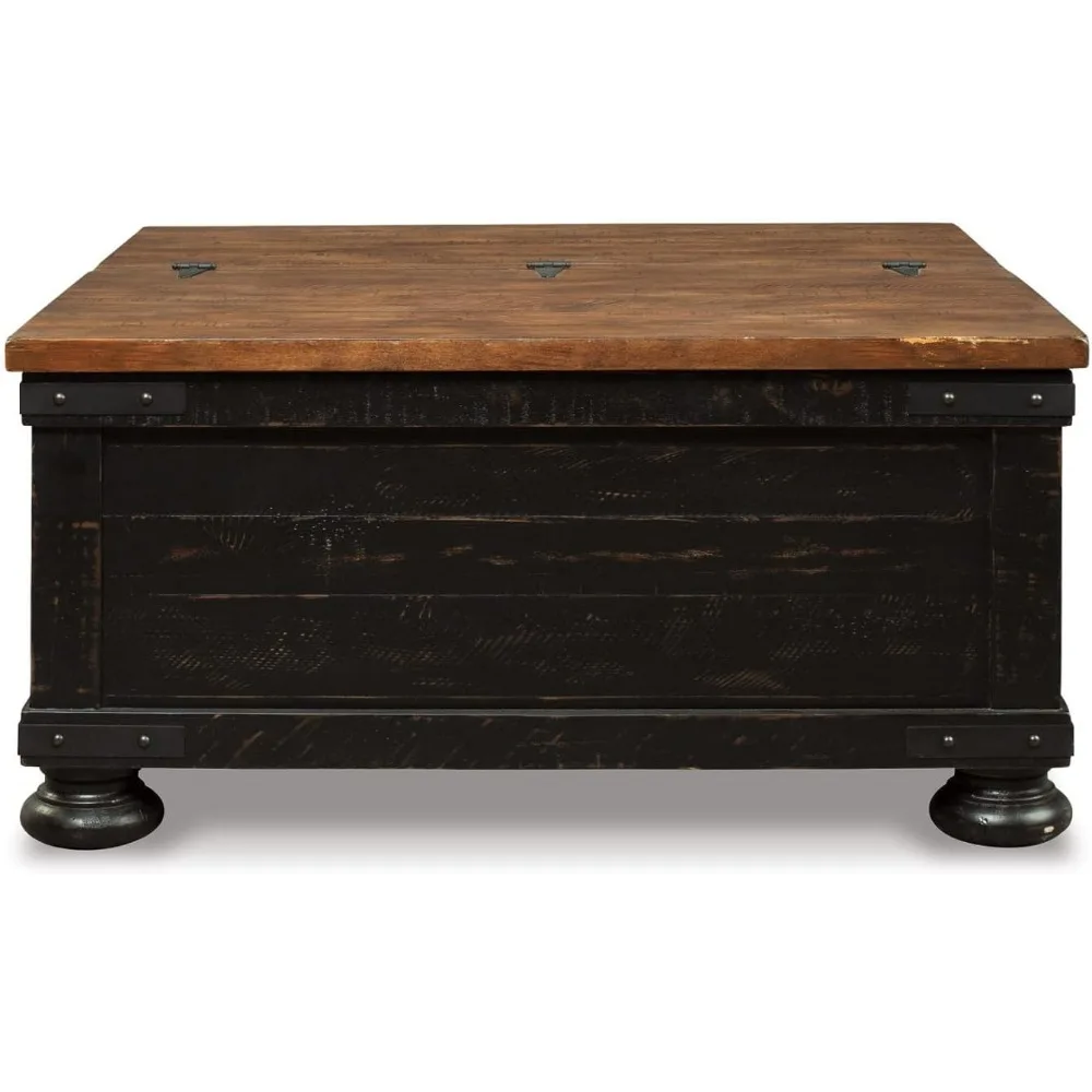 Valebeck Farmhouse Lift Top Coffee Table with Storage, Distressed Brown & Black Finish