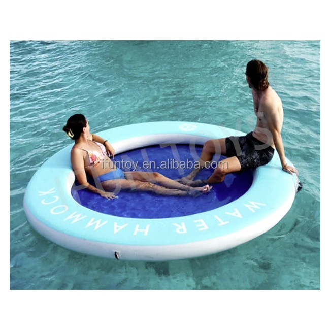 Blue Inflatable Water Hammock Floating Platform Swimming Pool Mat Round Pontoon With Ramp Mesh