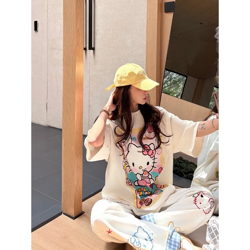 

Dopamine Hello Kitty Cat 3D Printed T-shirt Women's Quick Drying Short Sleeve 2025 New Summer Loose Top