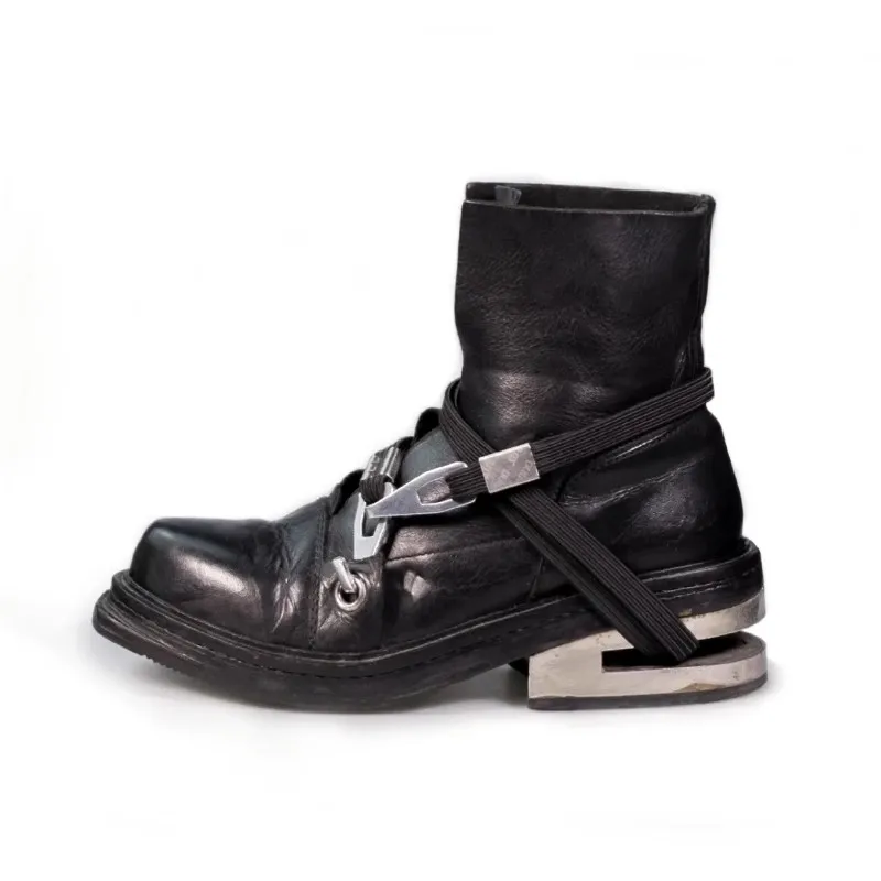 90S Retro Black Boots Cable Climbing Hooks Decorative Short Boots Mid Calf Boots Metal Heels Ankle Boots image 3