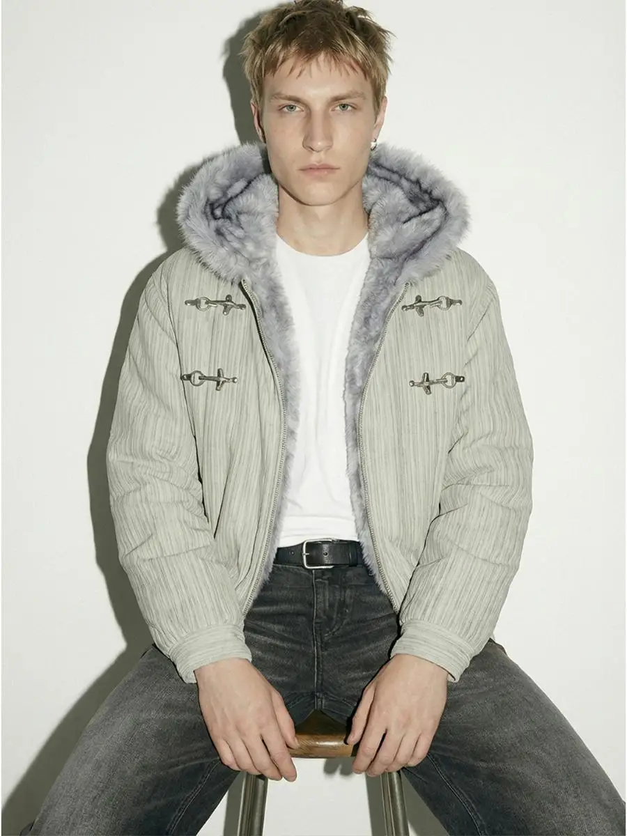 

MADEEXTREME Thiened Warmth Hooded Jaet with Fur Collar American Retro Street Sle Cotton Plane Bule Long Zipper Coat