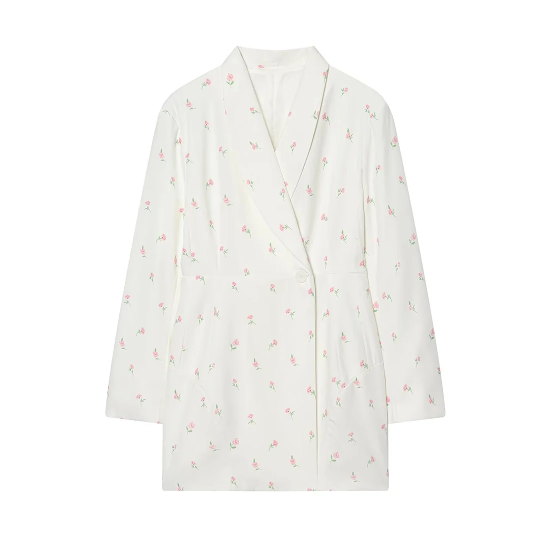 White Floral Print Suit for Women 2026 Spring Autumn New Single Button Long Sleeve Coats Fashion Waist-cinching Suit Jacket