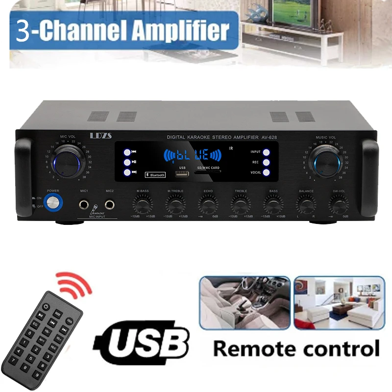 Digital Bluetooth HiFi Amplifiers with Dynamic Display, AMP Stereo Sound, Home, Car, Meetings, Karaoke, Cinema,  628, Max, 4000W