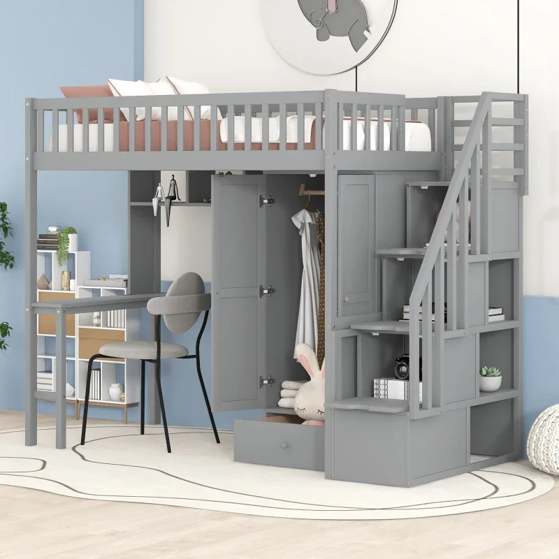 Twin size Loft Bed with Bookshelf,Drawers,Desk,and Wardrobe-Gray