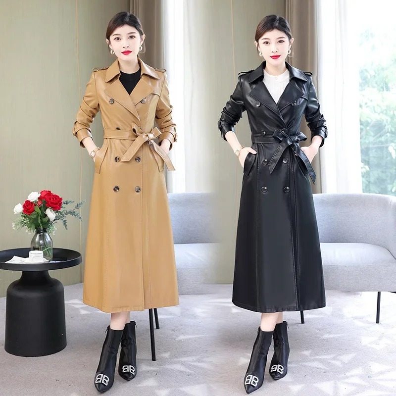 

2023 Women's Leather Jackets Fashion Black Coat 7XL Spring Fall Mid-length Leather Jacket Women Clothes Slim Belt Chaqueta Mujer