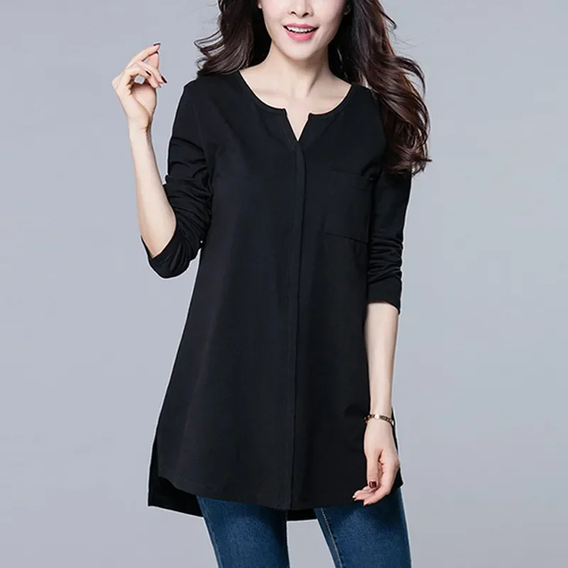 

Women's Black Long-Sleeve Tunic Top Casual V-Neck Loose Fit Asymmetric Hem Blouse