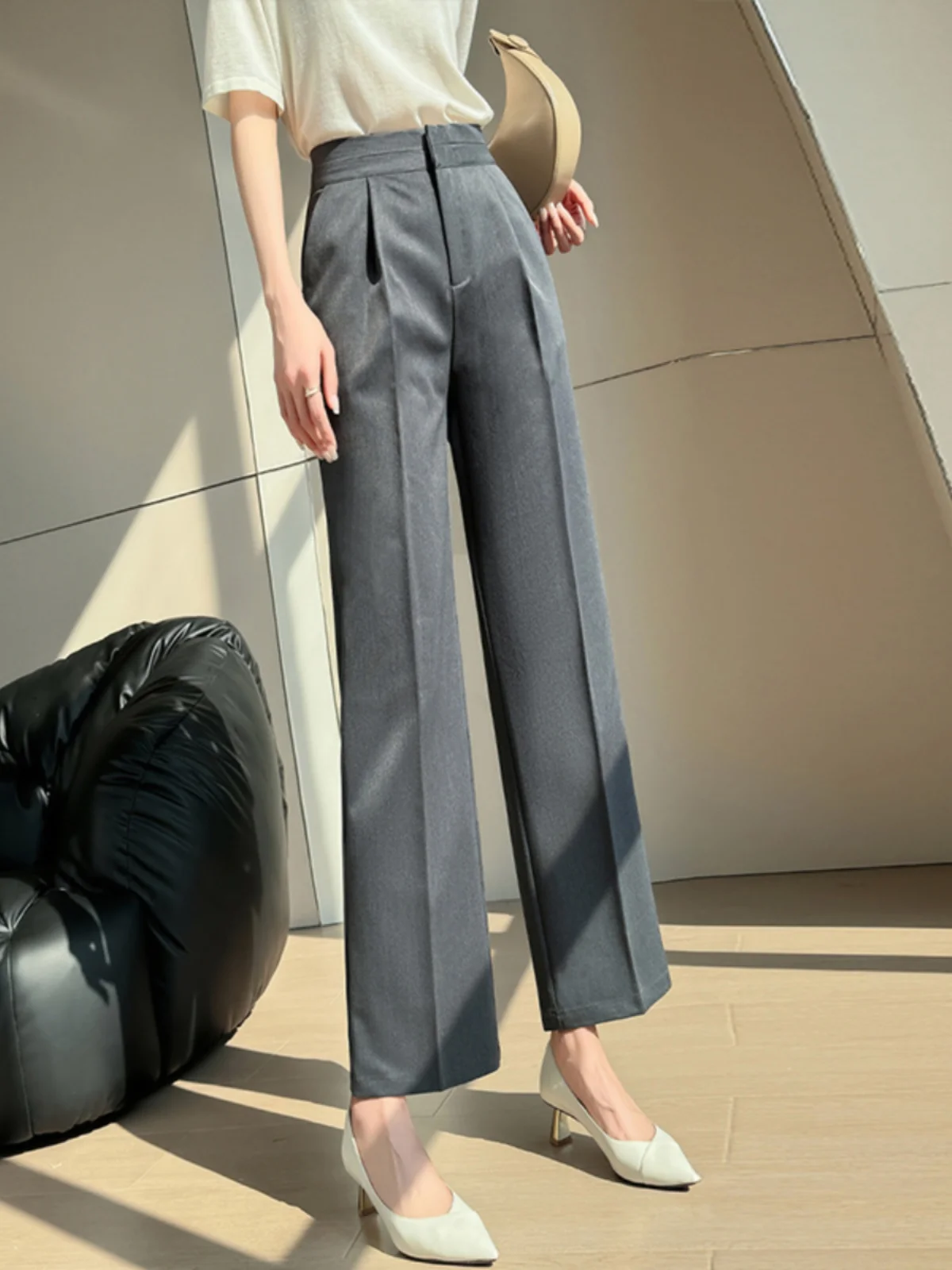 

High-End Grey Straight Leg Pants Women's Spring New Style Narrow Wide Leg Pants Design Sensation Exclusive Fashionable ...