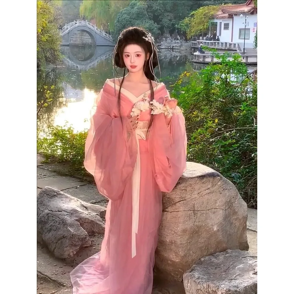 

Розовое великолепное женское ханьфу в стиле династий Вань и Чу, древнекитайский костюм, сказочно-эфирное прямое платье Цзю Жуцюнь
