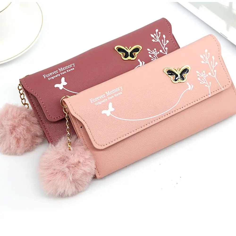 

Retro Casual Long Bag Solid Color Butterfly Coin Purse Plush Ball Bow Clutch Bag Korean Style Wallets Women Wallets