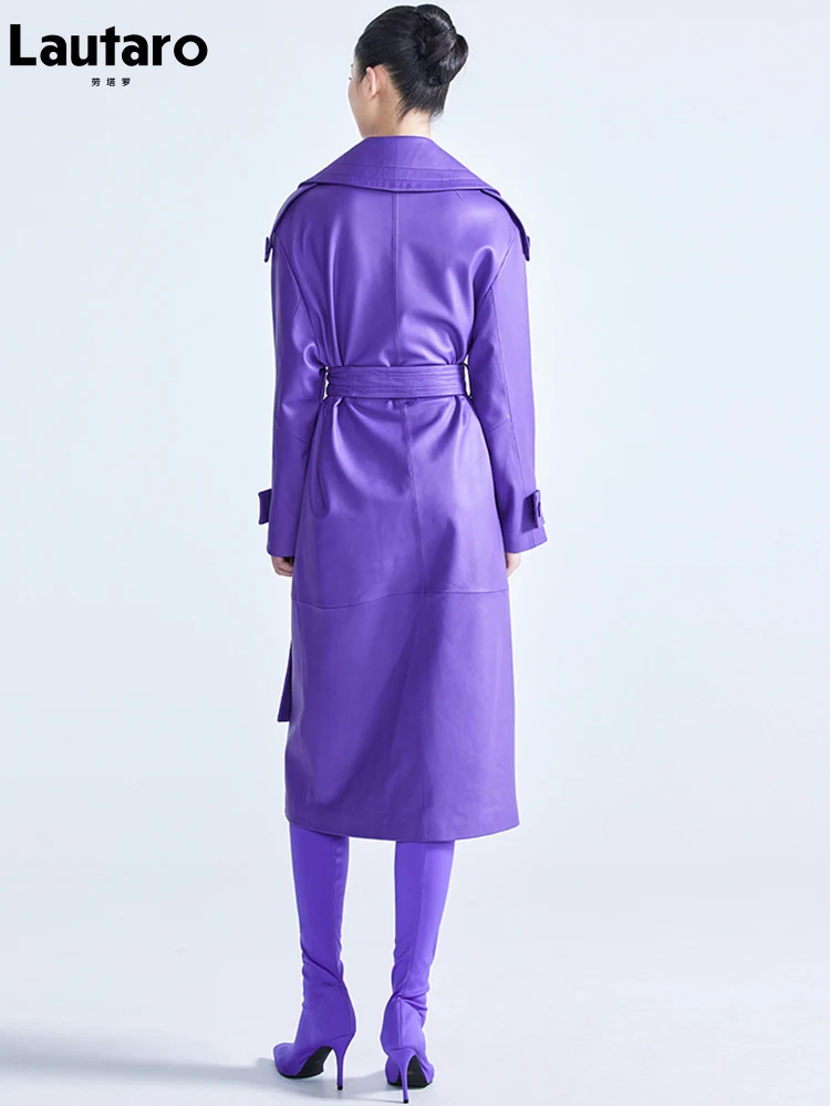 Lautaro Spring Autumn Long Luxury Elegant Purple Colored Faux Leather Trench Coat for Women Sashes Runway Designer Fashion 2022