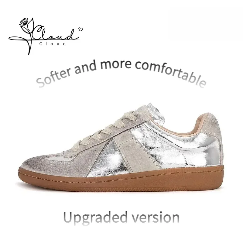 

2024 Leather Women Flats Silver Sneakers Casual Lace-up Heels Womens Athletic Tennis Genuine Moral Training Ladies Pumps Shoes