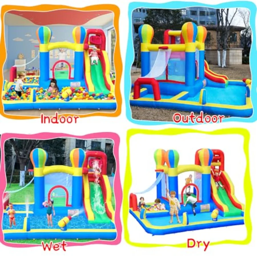 บ้านลมเป่าลมพร้อมสไลเดอร์น้ำ – สวนน้ำเป่าลมสำหรับสนามหลังบ้านพร้อมหัวฉีดน้ำ 4 หัว, สระน้ำเล่นน้ำ 2 อ่าง, รองรับเด็กได้ 5 คน, Pe