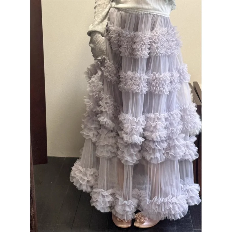 Fairy Women High Waist Net Yarn Heavy Embroidery Vintage Lolita Skirt  New Slimming Long Maxi Cake Skirt