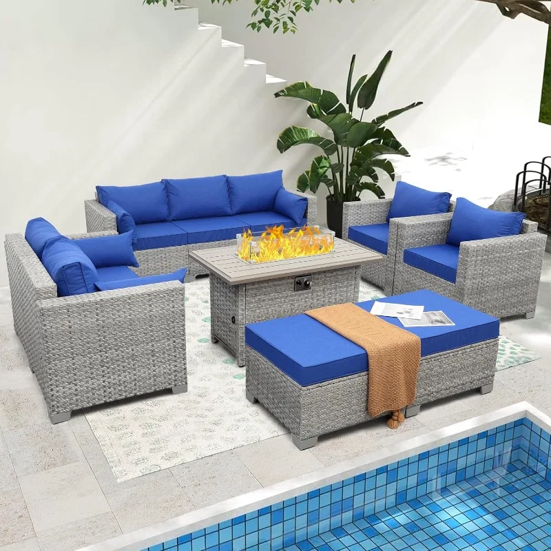 

Patio Furniture Set Gray Rattan 7 Pieces Outdoor Sectional Sofa PE Wicker Conversation Chairs with Propane Fire Pit Table