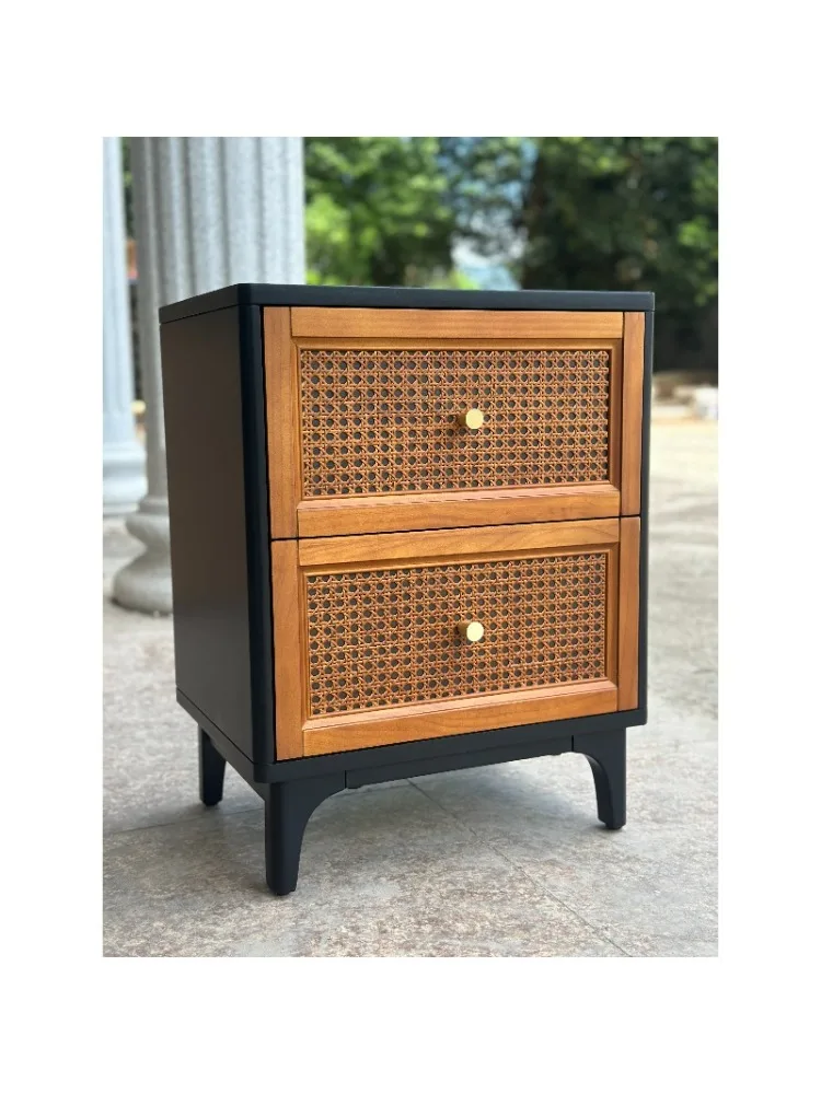 Pure Copper Handle Solid Wood Woven Two-Drawer Cabinet Retro Storage Cabinet Bedside Table