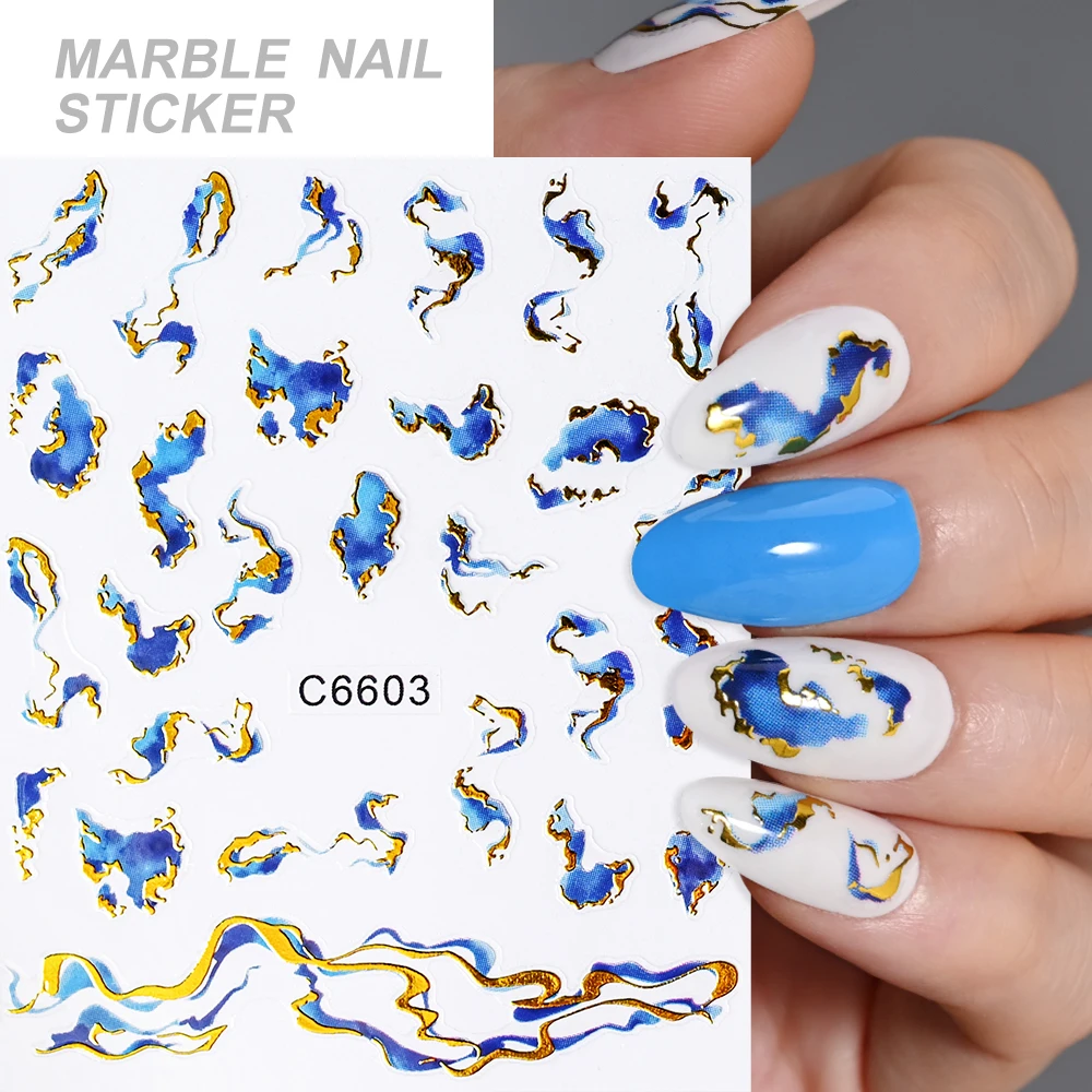 1/12Pcs Marble Effect 5D Nail Art Sticker Golden Blue Wave Lines Ink Blooming Nail Decals Abstract Geometric DIY Manicure Slider