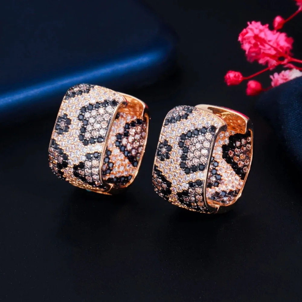 Leopard Pattern Earrings | Gold-Framed Black Zircon & Crystal Cluster | Party Visual Bomb