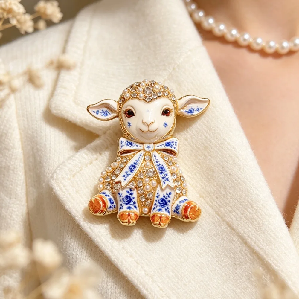 Cute Sitting Lamb Badge Enamel Imitation Pearl Rhinestone Bow Animal Clothing Decor Universal Jewelry Gift