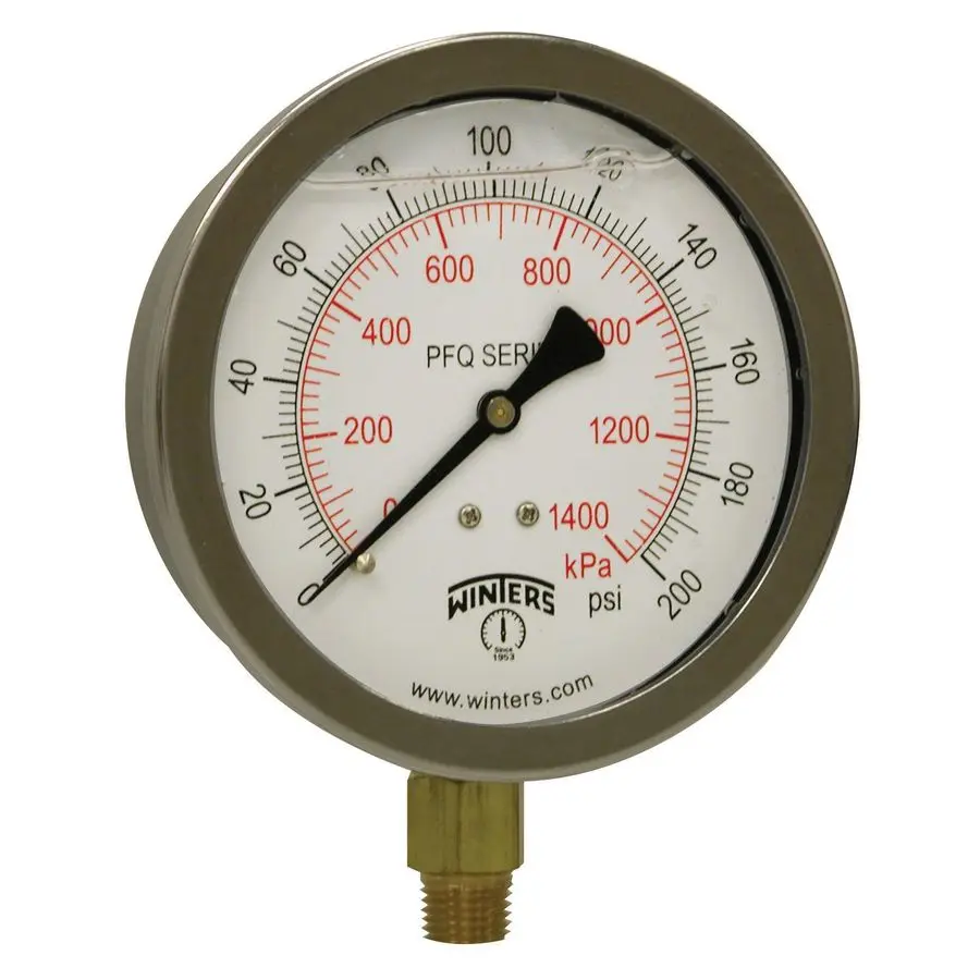 

4 Dial Size, Liquid Filled Industrial Pressure Gauge, Brass Internals, 304 Stainless Steel Case, Dual Scale 0200 psi kPa, 1.5 Ac