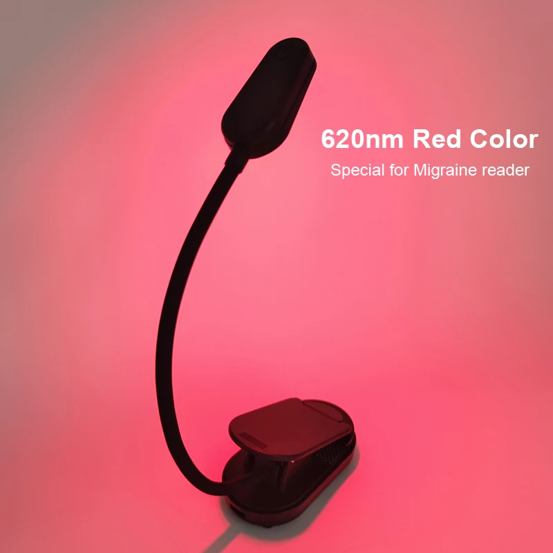 620nm Red Clip-On Book Light Rechargeable Portable Reading Light No Blue Light Eye Care for Bedtime Migraine Relief Night Light