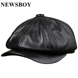 NEWSBOY Caps For Men Black Real Leather Octagonal Cap Male Autumn Winter Fitted Vintage High Quality Duckbill Hats Beret