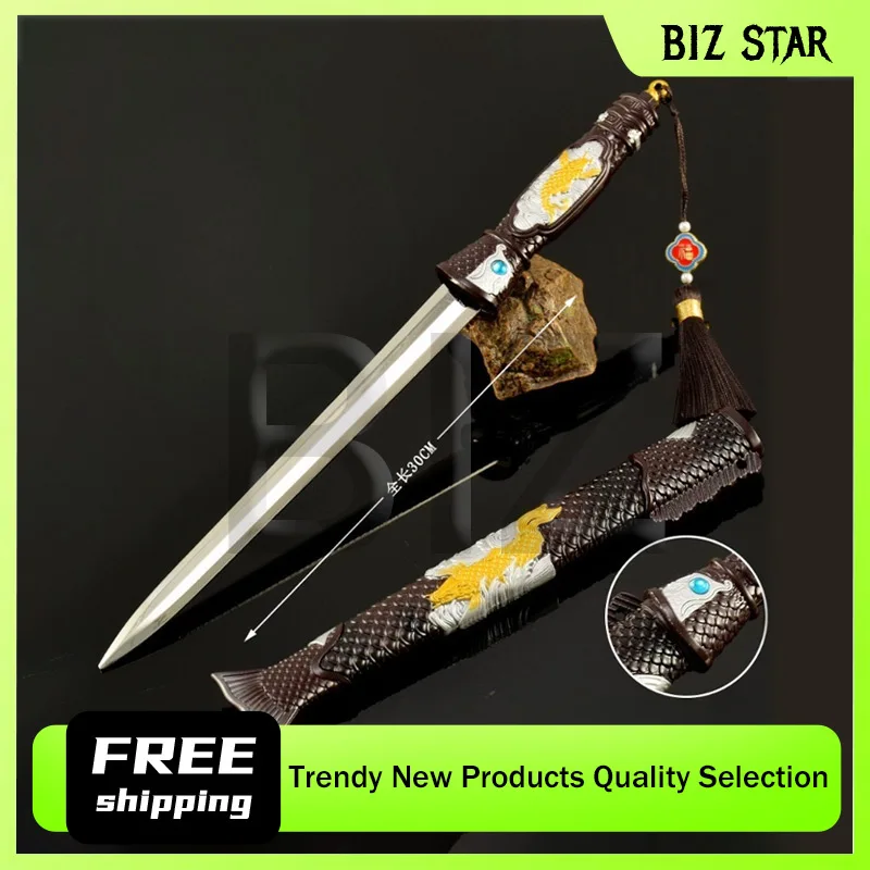 Modelos de armas frias de 30cm/11,81 polegadas, artesanato de metal, ornamentos, espadas de intestino de peixe, brinquedos, adereços de cosplay, coleção, presente de mesa