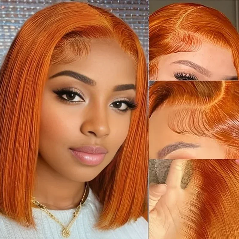 Ginger Lace Front Short Bob Wig Indian #350 Orange Straight T Part Lace Transparent Frontal Wigs Human Hair For Black Woman