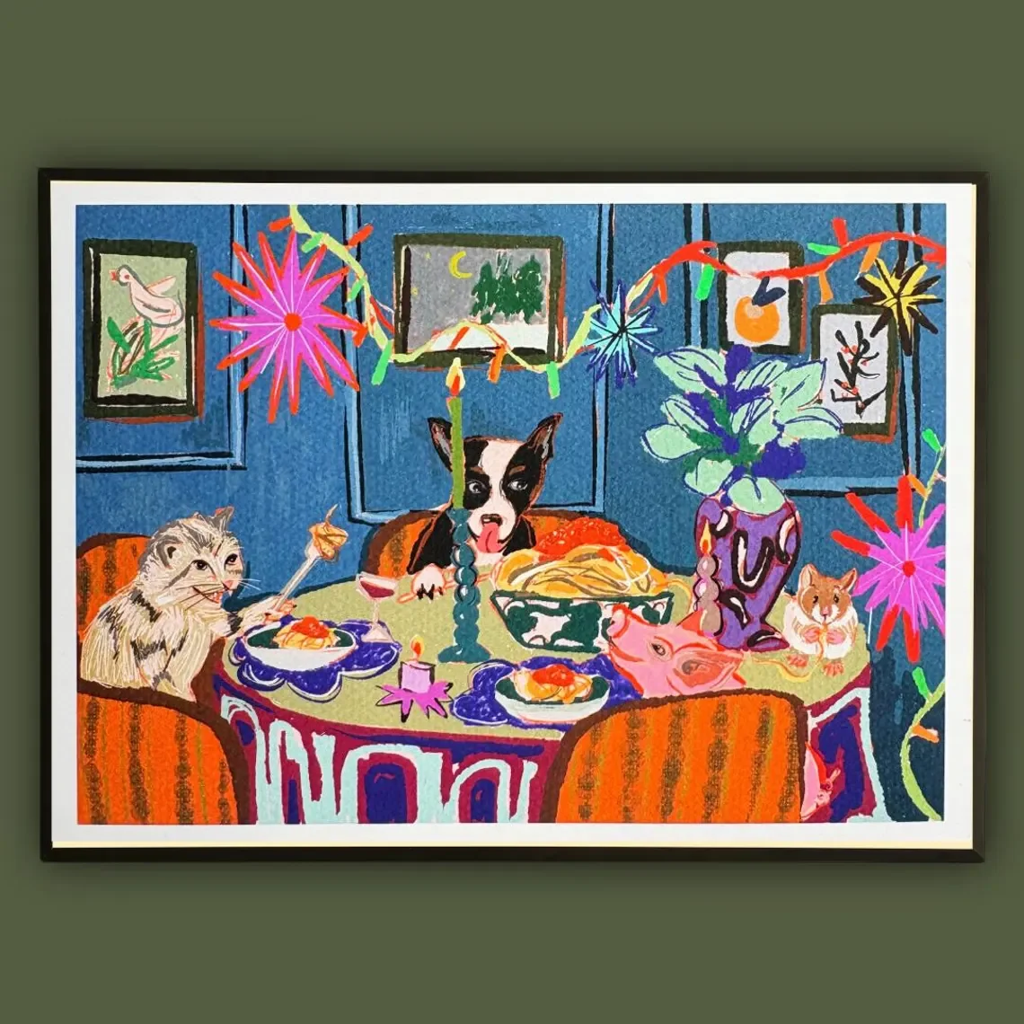 Whimsical Spaghetti Dinner Party Art Print: Dog, Cat, Piglet & Hamster