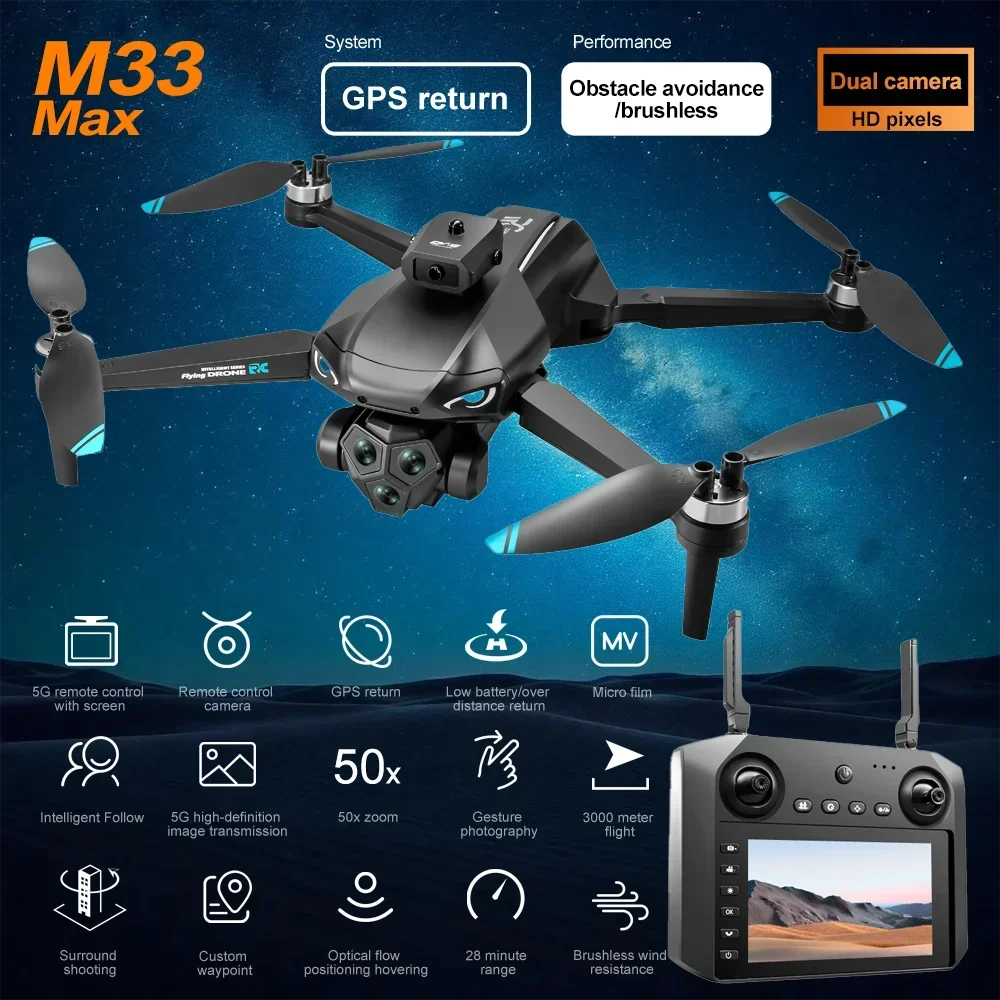 

M33 MAX Drone-4.5 Screen Remote with 6K/4K Dual Cameras|GPS Positioning Obstacle Avoidance|Long Range FPV Brushless Quadcopter