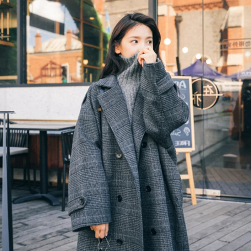

Korean version mid to long knee length woolen coat for women's 2025 autumn and winter new style loose plaid coat with temperamet