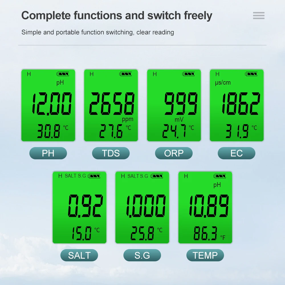 7 In 1 Digital ORP PH TDS EC Meter Salinity SG Temperature Tester Conductivity Water Filter Purity Pen with Backlight